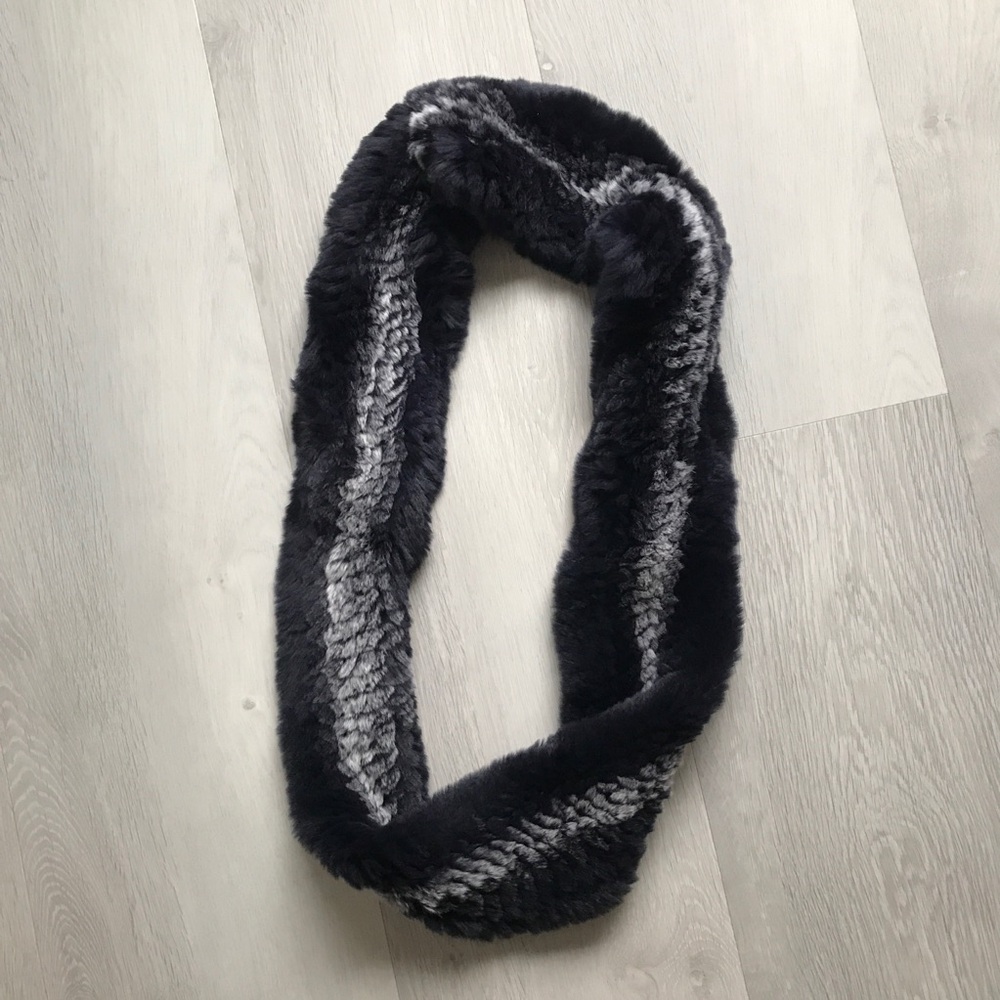 RABBIT FUR BLACK GRAY SOFT INFINITY SCARF WOMENS